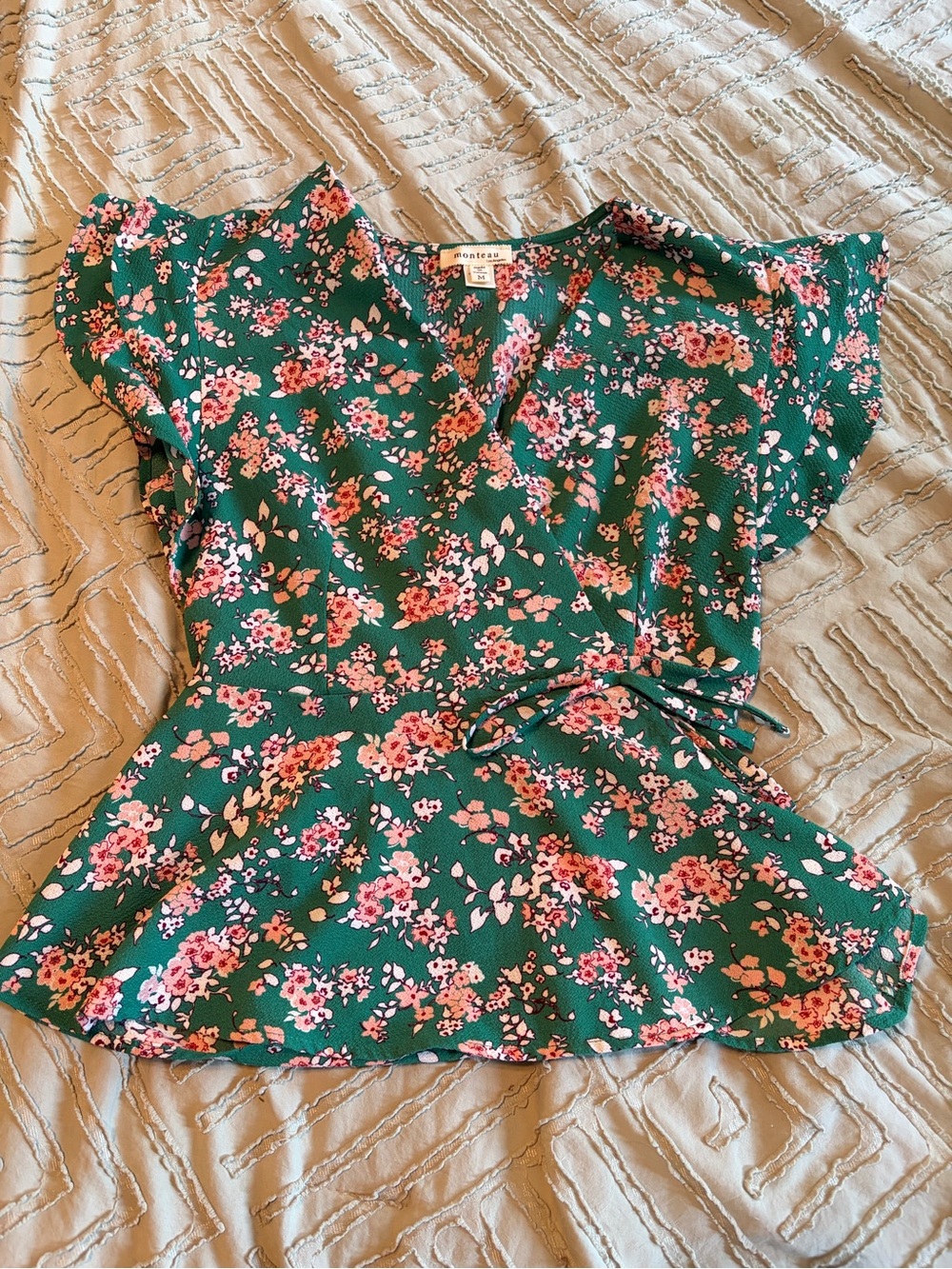 Monteau Emerald Green Floral Faux Wrap Blouse with Pink Blossoms